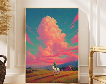 Surreal Landscape Print: Alien on Cow, Pink Clouds Wall Art
