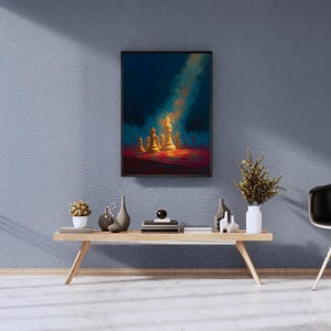 K&ouml;nnte beinhalten: Ein gerahmter Kunstdruck, der ein Schachspiel zeigt, das von einem Lichtstrahl vor einem dunkelblauen Hintergrund beleuchtet wird. Die Schachfiguren sind gold-wei&szlig;, auf einer rot-orangen Oberfl&auml;che.