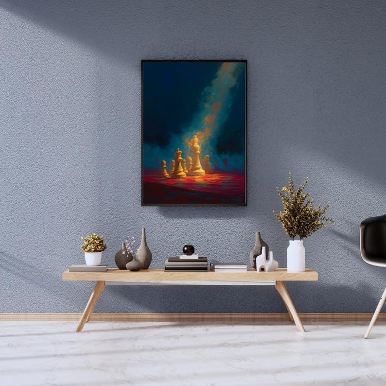 K&ouml;nnte beinhalten: Ein gerahmter Kunstdruck, der ein Schachspiel zeigt, das von einem Lichtstrahl vor einem dunkelblauen Hintergrund beleuchtet wird. Die Schachfiguren sind gold-wei&szlig;, auf einer rot-orangen Oberfl&auml;che.