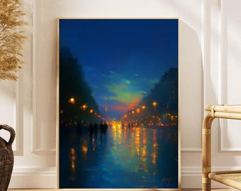 City Street at Dusk Poster: Impressionist Nightscape Wall Art