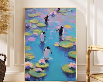 Penguins Impressionist Art Poster: Unique Animal Wall Decor
