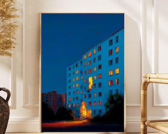 Surreal Cityscape Poster: Glowing Windows, Modern Urban Wall Art