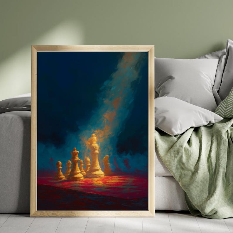 K&ouml;nnte beinhalten: Gerahmter Kunstdruck mit einem Schachspiel mit wei&szlig;en und goldenen Figuren. Das Kunstwerk ist vor einem dunkelblauen und roten Hintergrund platziert, mit einem Lichtstrahl. Der Stil ist malerisch.
