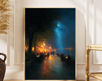 Romantic Cafe Terrace Impressionist Art Print: European Night Scene