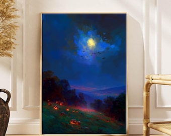 Spooky Pumpkin Field Halloween Art Print: Eerie Impressionist Decor