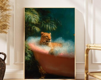 Potrait of Tiger in Bubble Bathtub Art Pint: Impressionist Style Tiger wall print, Close up Tiger, Bathroom Painting, Animal Lovers Gift