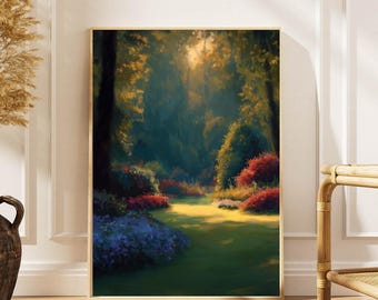 Sunlit Forest Garden Path Poster: Impressionist Nature Wall Art