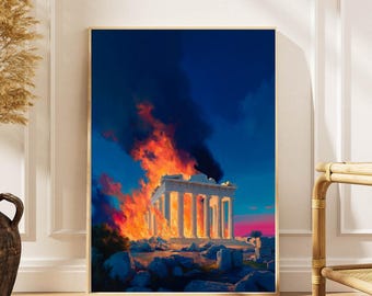 Surreal Burning Temple Poster: Dramatic Ancient Ruins Wall Art