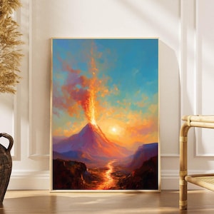 Puede incluir: Una pintura de paisaje enmarcada representa un volcán en erupción con lava naranja y roja ardiente contra un cielo al atardecer. La obra de arte presenta un río de lava que fluye a través de un valle, con montañas en el fondo. La paleta de colores incluye tonos de naranja, rojo, azul y amarillo.