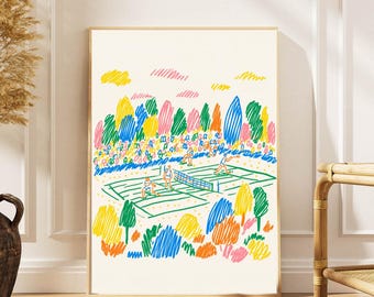 Farbenfrohes Tennis Match Poster - Abstrakte Sportkunst mit lebendiger Zeichnung und spielerischem Stil