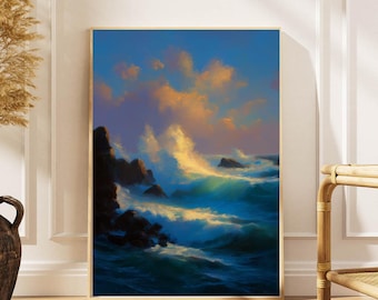 Dramatic Ocean Waves Sunset Poster: Impressionist Seascape Wall Art