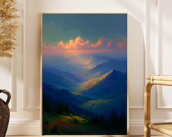 Golden Sunset Mountain Valley Art Print - Impressionist Landscape Poster