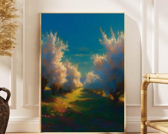 Impressionist Orchard Path Poster: Spring Blossom Landscape Art