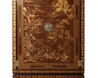 Vintage Drexel Chinoiserie Bar Cabinet | Hand Painted Detail | Lighted Interior | Wine Storage