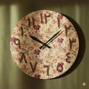 May include: Round wall clock with a floral pattern in shades of cream, pink, and burgundy. The clock face features Arabic numerals in a dark red hue. Black clock hands indicate the time. The clock is a decorative item.