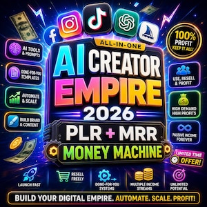 May include: A digital graphic featuring the text AI CREATOR EMPIRE 2026 PLR + MRR MONEY MACHINE. The design includes neon-style icons for social media platforms, floating dollar bills, and various text labels like 100% PROFIT and BUILD YOUR DIGITAL EMPIRE.
