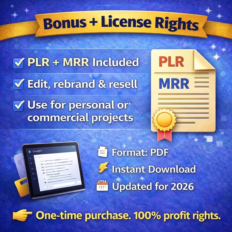 May include: Digital product graphic with the text "Bonus + License Rights." Features include PLR and MRR, editable and resellable content, and use for personal or commercial projects. Format: PDF, Instant Download, Updated for 2026. One-time purchase.