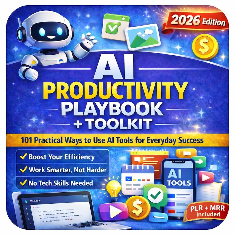AI Productivity Playbook 2026 | ChatGPT Prompts, Planners & Trackers (Digital Download, MRR/PLR Rights Included) image 1