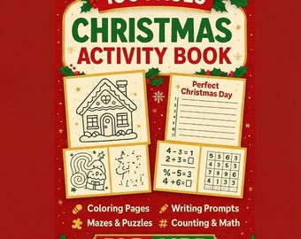 May include: A 100-page Christmas activity book with a red background featuring holly and snowflakes. The cover displays a gingerbread house, a Perfect Christmas Day list, math problems, and a number grid. Text includes Coloring Pages, Writing Prompts, Mazes & Puzzles, Counting & Math, and PLR | MRR.