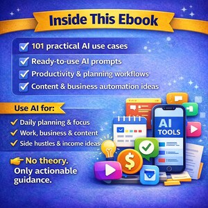 May include: Digital illustration promoting an ebook. The image features a smartphone with "AI TOOLS" on the screen, along with icons for productivity, planning, and business automation. Text highlights practical AI use cases and actionable guidance.