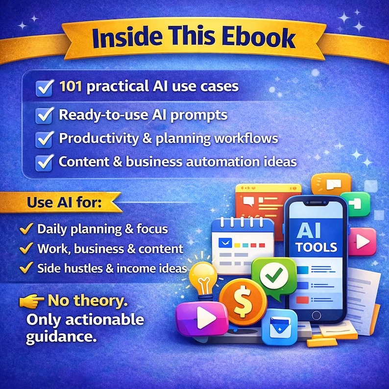 May include: Digital illustration promoting an ebook. The image features a smartphone with "AI TOOLS" on the screen, along with icons for productivity, planning, and business automation. Text highlights practical AI use cases and actionable guidance.