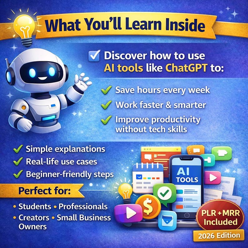 May include: A digital graphic promoting AI tools, featuring a robot illustration and the text "What You'll Learn Inside." The image highlights benefits like saving time and improving productivity. It includes a smartphone graphic with the words "AI TOOLS."