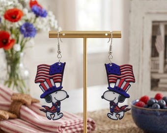 Patriotic Snoopy 4th of July Earrings | Lightweight and hypoallergenic Uncle Sam Dangle Jewelry