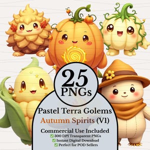 May include: A digital illustration featuring five pastel-colored autumn-themed characters. The characters include a pumpkin, a corn cob, and other whimsical figures. The image includes the text "25 PNGs", "Pastel Terra Golems", and "Autumn Spirits (VI)".