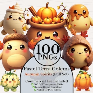 May include: A collection of pastel-colored cartoon characters in the shape of pumpkins, acorns, and other autumn-themed figures. The image includes the text "100 PNGs" and "Pastel Terra Golems Autumn Spirits (Full Set)".