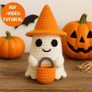 Halloween Crochet Ghost Pattern: Amigurumi Witch with Candy Bucket (PDF & Video Tutorial