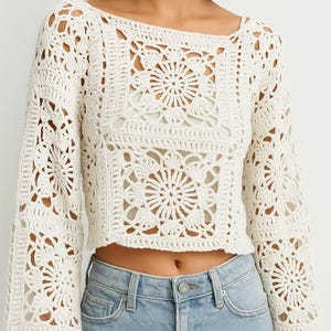Crochet Top Pattern PDF, Granny Square Long Sleeve Blouse, Hippie Festival Wear, DIY Summer Crop Top