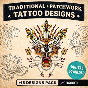 Peut inclure: Téléchargement numérique de motifs de tatouages traditionnels. L'image présente un motif central de tigre avec des dagues et des flèches, entouré d'autres croquis de tatouages. Le texte indique "TRADITIONAL & PATCHWORK TATTOO DESIGNS" et "+15 DESIGNS PACK".