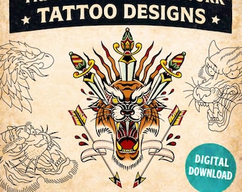 American Traditional Tattoo Flash Pack for Procreate | Tiger Snake Eagle Wolf Panther Tattoo Designs | Old School Tattoo | Digital Download