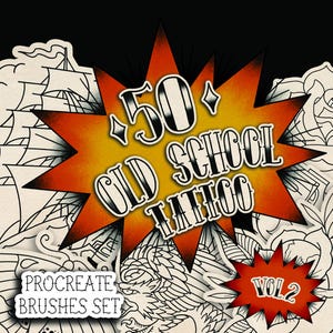 Può includere: Un design di arte digitale con un'esplosione arancione e gialla con il testo "50 OLD SCHOOL TATTOO". Il design include il testo "PROCREATE BRUSHES SET" e "VOL 2" in un'esplosione rossa. Lo sfondo è nero con illustrazioni in stile tatuaggio.