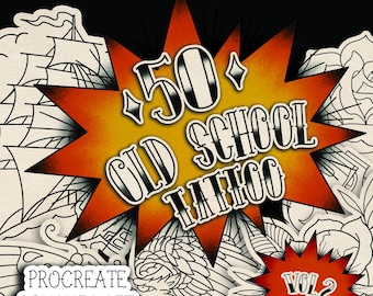 Traditional Tattoo Flash Sheet – 50 Linework Designs | Procreate Stamps, Printable Tattoo Art