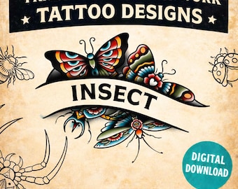 Traditional Insect Tattoo Flash Sheet – Creepy Crawlers Bug Tattoo Designs – American Traditional Flash