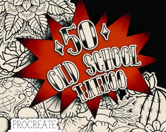 50 Traditional Tattoo Linework Bundle | Old School Flash Sheet | Procreate | Tattoo Designs Pack