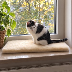 Pode incluir: Um tapete retangular de cor creme, feito de lã de pelúcia, colocado no parapeito de uma janela. Um gato preto e branco está sentado sobre o tapete, olhando para baixo. À esquerda, uma planta verde num cesto trançado ao lado do tapete.