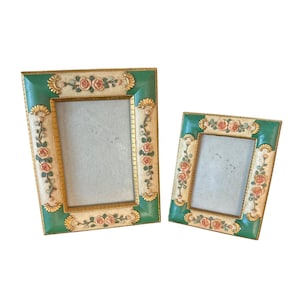 Pair of Vintage Porcelain Picture Frames - Floral Pattern With Green & Gold Accents