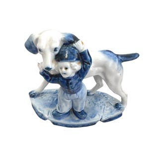 Vintage Delft German Porcelain Figurine Boy with Dog #5754 Blue White
