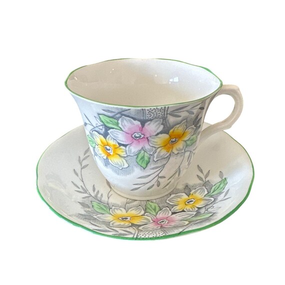 Vintage Melba Bone China Teacup Saucer – V45012 Art Deco Hand