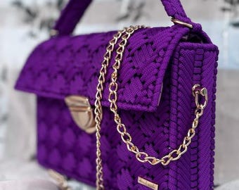 Handmade ultraviolet handbag | Handmade handbag made of polyester string on a plastic canvas with lining | Unique women's handbag