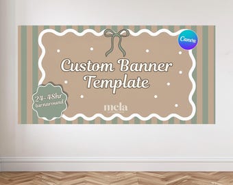 以下が含まれることがあります： 「Custom Banner Template」と「24-48hr turnaround」のテキストが特徴の、スカラップエッジのカスタムバナーテンプレート。バナーは、白い水玉模様の茶色の背景と、緑と白のストライプのボーダーがあります。Canvaのロゴが見えます。