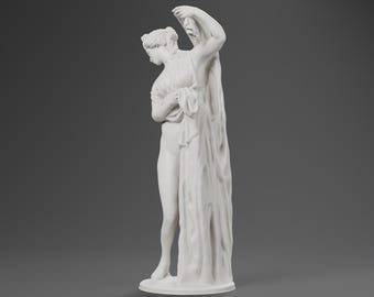 May include: A white matte sculpture of a standing figure with hair styled in an updo. The figure is draped in fabric that covers the lower body and is held up by one arm, while the other hand rests near the chest area on the draped material.