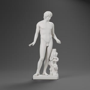 May include: A white matte sculpture of a standing figure with curly hair, positioned with one hand extended and the other holding an object. A tree stump with a coiled snake is placed beside the figure on a rectangular base.