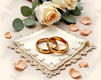 Printable Wedding Card: Elegant Rings and Roses, A2 & A7 PNG Included