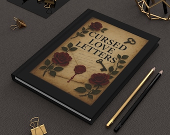 May include: A black journal with the words "Cursed Love Letters" on the cover, surrounded by red roses and green leaves. The cover has a vintage parchment design with keys and a wax seal. Gold and black pencils and gold binder clips are also visible.