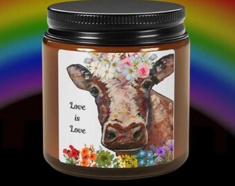 Candela profumata alla soia Love is Love Cow - Barattolo ambrato da 4 oz, Regali, Arredamento per la casa