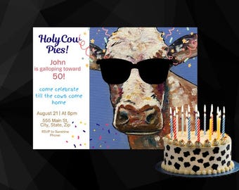 Invito di compleanno a forma di mucca stravagante: modello modificabile