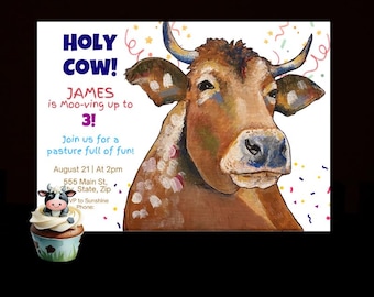Invito speciale per compleanno per bambini Holy Cow; modificabile, include la possibilità di scegliere tra 4 design diversi.